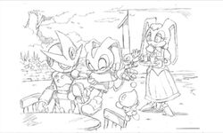  anthro chao_(sonic) cheese_the_chao closed_eyes clothed clothing concept_art cream_the_rabbit female footwear gemerl_(sonic) gizoid gloves group handwear high_heels lagomorph leporid machine mammal mature_anthro mature_female monochrome official_art rabbit robot sega shoes sonic_the_hedgehog_(series) vanilla_the_rabbit wings yuji_uekawa 