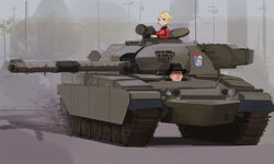  1boy black_hat blonde_hair blue_eyes cannon caterpillar_tracks closed_mouth commentary cowboy_hat cup darjeeling_(girls_und_panzer) emblem female fv4201_chieftain girls_und_panzer hat highres holding holding_cup long_sleeves military military_vehicle motor_vehicle nicholas_moran peeping real_life shaded_face short_hair st._gloriana&#039;s_(emblem) st._gloriana&#039;s_military_uniform tank teacup toorops turret upper_body 