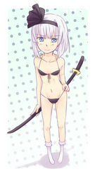  bikini blue_eyes commentary_request female highres katana konpaku_youmu maiki_(artist) photoshop_(medium) scabbard sheath socks solo swimsuit sword touhou weapon white_hair 