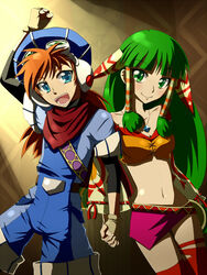  &gt;:) 1boy commentary_request feena_(grandia) female grandia grandia_i green_eyes green_hair hair_ornament hair_tubes jewelry justin_(grandia) kadomaki_shinnosuke layered_sleeves long_hair low-tied_long_hair midriff necklace smile v-shaped_eyebrows wide_sleeves 