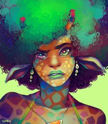  animal_humanoid colorful_theme female frown gdbee giraffe giraffid giraffid_humanoid green_hair hair heterochromia horn humanoid humanoid_face jewelry looking_at_viewer mammal mammal_humanoid necklace ossicone scowl solo 