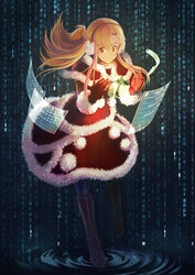  asuna_(sao) boots brown_eyes brown_hair chinese_commentary christmas commentary_request digital_rain dress earmuffs female floating_screen gloves highres long_hair pantyhose photoshop_(medium) red_gloves santa_costume smile solo sword_art_online tienao 