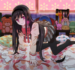  :3 akemi_homura all_fours bed black_hair black_pantyhose bow clothes_on_bed commentary earrings feathers female hairband heart heart_print jao_(artofjao) jewelry long_hair looking_at_viewer mahou_shoujo_madoka_magica mahou_shoujo_madoka_magica:_hangyaku_no_monogatari mitakihara_school_uniform pantyhose photoshop_(medium) purple_eyes school_uniform shirt single_earring skirt smile solo stuffed_animal stuffed_cow stuffed_giraffe stuffed_mouse stuffed_penguin stuffed_rabbit stuffed_toy symbol-only_commentary teddy_bear 