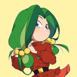  adjusting_hair belt blue_eyes brooch commentary_request female green_hair hair_bobbles hair_ornament jewelry kinako_(moment) multicolored_hair simple_background solo tying_hair yadamon yadamon_(character) 