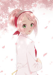  commentary_request female forehead_protector green_eyes lab_coat looking_at_viewer looking_back mie_(hachul) naruto naruto_(series) photoshop_(medium) pink_hair sakura_haruno smile solo 