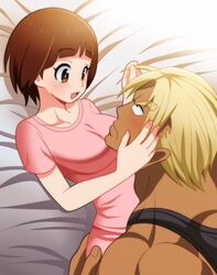  1boy bed_sheet blonde_hair blush breasts brown_eyes brown_hair commentary_request female gamagoori_ira hand_in_another&#039;s_hair hand_on_another&#039;s_head he_pu_pu hug kill_la_kill looking_at_another mankanshoku_mako medium_breasts muscular open_mouth shirt short_hair size_difference straight 