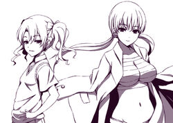  2girls bandages breasts chest_sarashi coat commentary_request hair_ribbon jacket jacket_on_shoulders kirigaoka_girls&#039;_academy_school_uniform large_breasts long_hair midriff monochrome multiple_girls musujime_awaki navel no_emblem no_shirt open_clothes open_jacket photoshop_(medium) ribbon sarashi school_uniform shirai_kuroko small_breasts standing sweater_vest toaru_majutsu_no_index toaru_majutsu_no_index:_old_testament twintails upper_body wakame winter_uniform 