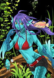  belt bikini bikini_top_only breasts commentary_request female fish green_eyes long_hair medium_breasts monster_girl original purple_hair red_bikini shorts solo swimsuit tail tony_(chikaku_kabin) underwater 