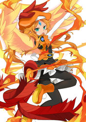  aqua_eyes bad_id bad_pixiv_id bird bird_tail black_pantyhose boots commentary_request feathers female forehead_jewel gloves hat hatapata leg_up long_hair open_mouth orange_hair pantyhose phoenicia phoenix pointy_ears pom_pom_(clothes) shinrabanshou simple_background skirt solo tail white_background white_gloves wings 