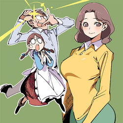  1boy 2girls :o apron blue_shirt blush bobby_socks bow braid breasts brown_hair chibi_maruko-chan closed_mouth collared_shirt commentary_request dress extra family finger_frame glasses green_background hairbow honami_shitarou honami_tamae interlocked_fingers jumping large_breasts lolicon long_hair long_sleeves looking_at_viewer medium_hair multiple_girls opaque_glasses open_mouth own_hands_together pants parted_bangs photoshop_(medium) polo_shirt popqn red_skirt round_eyewear shirt shoes simple_background skirt socks swept_bangs twin_braids twintails w_arms white_apron yellow_shirt 