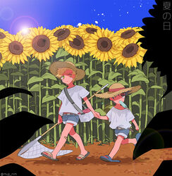  2boys aged_down bad_id bad_pixiv_id bandaid bandaid_on_leg black_hair blonde_hair blue_sky box caesar_anthonio_zeppeli commentary_request day facial_mark field flip-flops flower flower_field food food_in_mouth green_eyes hand_net hat holding_hands jojo_no_kimyou_na_bouken joseph_joestar joseph_joestar_(young) lens_flare lolicon male_focus mapi_(mup1228) mouth_hold multiple_boys outdoors popsicle sandals shade sky sun_hat sunflower sunflower_field twitter_username 