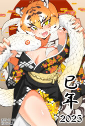  2025 animal_ear_fluff animal_ears black_hair black_kimono breasts chinese_zodiac cleavage commentary_request dated fangs female grey_nails hair_between_eyes highres japanese_clothes kemono_friends kimono large_breasts long_hair looking_at_viewer multicolored_hair nail_polish nengajou new_year open_mouth orange_hair saijou_k siberian_tiger_(kemono_friends) snake solo teeth tiger_ears tiger_girl twitter_username white_hair white_snake year_of_the_snake yellow_eyes 