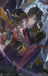  1boy armor black_footwear blood blood_on_clothes blood_on_face blue_eyes blue_jacket brown_hair gloves heshikiri_hasebe highres holding holding_sword holding_weapon jacket japanese_armor katana knee_up looking_at_viewer male_focus mappo_m2 open_clothes open_jacket pants parted_lips purple_pants shirt shoulder_armor sode solo sword touken_ranbu weapon white_gloves white_shirt 