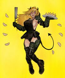  absurdres apron black_apron blonde_hair breasts demon_horns demon_tail dorohedoro female full_body highres holding horns long_hair ma2_ereki nikaidou_(dorohedoro) open_mouth red_eyes simple_background smile solo tail yellow_background 