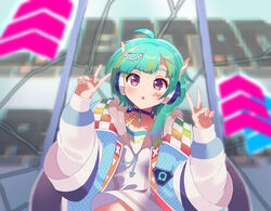  absurdres blue_choker blue_hair blunt_bangs blurry blurry_background choker commentary_request double_v eyeshadow female green_eyeshadow green_hair hair_ornament hands_up headphones highres idol_clothes jacket long_sleeves looking_at_viewer makeup multicolored_hair omega_auru omega_auru_(primagista) open_mouth pink_eyes pretty_series shirt short_hair solo streaked_hair tsujii_luki upper_body v waccha_primagi! white_jacket white_shirt x_hair_ornament 