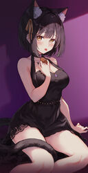  absurdres animal_ear_fluff animal_ears arm_support bare_legs bell black_dress black_hair blush breasts cat_ears cat_girl cat_tail chilia012 cleavage collarbone commentary dress extra_ears female fingernails floral_print hair_ribbon highres idolmaster idolmaster_cinderella_girls kemonomimi_mode looking_at_viewer medium_breasts nail_polish neck_bell ribbon short_hair simple_background sitting sleeveless sleeveless_dress solo symbol-only_commentary tail takafuji_kako tongue tongue_out 