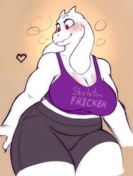  2023 anthro athletic_wear big_breasts blush blushing_breasts bodily_fluids boss_monster_(undertale) bottomwear bovid breasts breath caprine cleavage clothed clothing dragon-chan english_text exercise female goat gym_bottomwear gym_shorts heart_symbol horn long_ears mammal shorts solo sweat text text_on_clothing thick_thighs topwear toriel undertale undertale_(series) wide_hips workout workout_clothing 