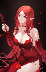  baige0 bare_shoulders black_background blood_sword bow breasts choker closed_mouth collarbone covered_navel detached_sleeves dress elisabeth_(kage_no_jitsuryokusha_ni_naritakute!) female flower hairbow hemokinesis highres holding holding_sword holding_weapon large_breasts long_hair long_sleeves looking_at_viewer original parted_bangs petals pointy_ears red_bow red_choker red_dress red_eyes red_flower red_hair red_rose rose rose_petals simple_background sitting solo strapless strapless_dress sword vampire very_long_hair weapon 