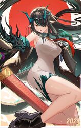  2024 arknights artist_name black_footwear black_hair breasts cleavage_cutout clothing_cutout collar colored_skin dragon dragon_girl dragon_horns dragon_tail dress dusk_(arknights) earrings female green_hair green_horns green_skin hair_over_one_eye highres horns jamg336 jewelry large_breasts looking_at_viewer multicolored_hair necktie open_mouth pointy_ears red_necktie single_bare_shoulder streaked_hair tail tassel tassel_earrings teeth torn_clothes torn_dress upper_teeth_only white_dress 