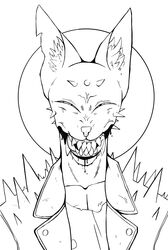  2020 absurd_res anthro aureola black_and_white bodily_fluids bust_portrait cheek_spikes clothed clothed_anthro clothed_male clothing collarbone digital_drawing_(artwork) digital_media_(artwork) drooling facial_spikes fangs felid feline front_view grin head_spikes hi_res inner_ear_fluff jacket looking_at_viewer male male_anthro mammal monochrome narrowed_eyes notched_ear open_clothing open_jacket open_mouth open_smile open_topwear pecs portrait possumcrimes prick_ears pupil saliva sharp_teeth shirt simple_background smile spiked_jacket spikes spikes_(anatomy) tank_top teeth topwear tuft white_background 