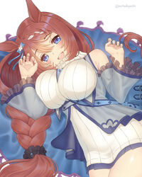  animal_ears bad_id bad_pixiv_id bag bare_shoulders between_breasts black_scrunchie blue_bow blue_eyes blue_jacket blush bow braid braided_ponytail breasts brown_hair commentary_request detached_sleeves ear_bow female hair_between_eyes highres horse_ears horse_girl jacket large_breasts long_hair long_sleeves looking_at_viewer matuda_(matudayazo) multicolored_hair open_mouth scrunchie shoulder_bag smile solo strap_between_breasts streaked_hair super_creek_(umamusume) sweater twitter_username umamusume upper_body very_long_hair white_hair white_sweater 