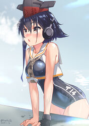  asymmetrical_hair black_hair black_one-piece_swimsuit blush brown_eyes covered_navel dated female framed_breasts gloves hair_between_eyes headphones heavy_breathing highres i-14_(kancolle) izumikuma kantai_collection looking_at_viewer neckerchief one-piece_swimsuit open_mouth outdoors partially_fingerless_gloves sailor_collar school_swimsuit short_hair single_glove solo swimsuit twitter_username water wet wet_clothes wet_swimsuit white_sailor_collar 