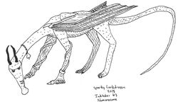  2018 ambiguous_gender armor bell bell_collar black_claws black_horn chain_collar claws clothing collar cross-hatching dragon feral gauntlets gloves handwear hatching_(art) hi_res horn long_neck long_snout long_tail membrane_(anatomy) membranous_wings monochrome mostly_nude mythological_creature mythological_scalie mythology nonbinary_(lore) scales scalie scar shaded snout solo sparky_lurkdragon sparky_lurkdragon_(character) straps tail traditional_media_(artwork) wings 