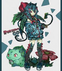  :d animal_ears blue_hair blue_jacket bulbasaur cellphone flower grass hair_between_eyes hand_in_pocket holding holding_phone ivysaur jacket kantarou_(8kan) long_hair personification phone plant pokedex_number pokemon pokemon_(creature) red_eyes shoes smartphone smile sneakers standing thighhighs venusaur vines 