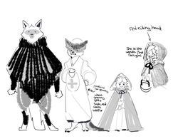  anthro bag basket big_bad_wolf_(shrek) black_and_white canid canine canis clothing coat container death_(puss_in_boots) dreamworks english_text fairy_tales female gown group hand_on_hip hat headgear headwear hi_res human little_red_riding_hood little_red_riding_hood_(copyright) looking_at_viewer male mammal monochrome nightgown poncho puss_in_boots_(dreamworks) sanppa_popo simple_background size_difference standing text topwear trio white_background wolf 