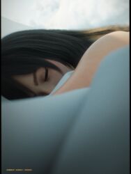  3d absurdres bad_id bad_pixiv_id bed black_hair closed_eyes daz_studio_(medium) female highres long_hair looking_at_viewer morning original photorealistic pillarboxed realistic shoe_lace_(shoe_lac3) sleeping solo 