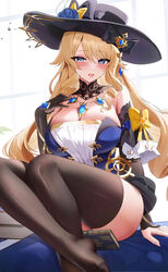  :d absurdres bare_shoulders black_gloves black_hat black_thighhighs blonde_hair blue_eyes blush book breasts fantongjun female genshin_impact gloves hair_ornament hand_up hat highres jpeg_artifacts large_breasts long_sleeves looking_at_viewer navia_(genshin_impact) open_mouth sitting smile solo thighhighs thighs vision_(genshin_impact) 