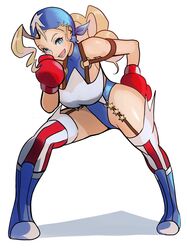  absurdres ahoge bandana blonde_hair blue_bandana blue_eyes blue_leotard boots boxing_gloves breasts cleavage female full_body highres justice_gakuen large_breasts leotard long_hair looking_at_viewer meke_(77842928) open_mouth shiritsu_justice_gakuen smile solo thigh_boots tiffany_lords united_states white_background 