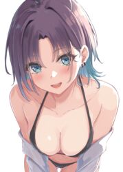  aqua_hair asakura_toru ass_visible_through_thighs bikini black_bikini blush breasts cleavage collarbone earrings female gradient_hair halterneck hatsu_(first_snow) highres idolmaster idolmaster_shiny_colors jewelry leaning_forward looking_at_viewer medium_breasts multicolored_hair navel open_clothes open_shirt purple_hair simple_background smile solo stomach string_bikini swimsuit white_background 