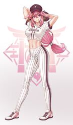  :p alternate_costume animal_ears arms_up baseball_cap baseball_mitt breasts clothes_writing commentary_request crop_top cropped_shirt female fox_ears full_body genshin_impact gradient_background grey_background hair_between_eyes hat highres kama_(kama_ovo) leggings looking_at_viewer medium_breasts midriff navel pants pink_hair purple_eyes shirt shoes smile sneakers solo standing stomach striped_clothes striped_pants tongue tongue_out vertical-striped_clothes vertical-striped_pants white_background white_footwear white_pants white_shirt yae_miko 