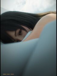  3d absurdres bad_id bad_pixiv_id bed black_hair brown_eyes daz_studio_(medium) female highres long_hair looking_at_viewer morning original photorealistic pillarboxed realistic shoe_lace_(shoe_lac3) solo 