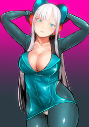  arms_behind_head arms_up blue_dress blue_eyes bodysuit bodysuit_under_clothes breasts cleavage collarbone commentary_request dress electro_emilia female gradient_background headgear ken_(koala) large_breasts long_hair long_sleeves looking_at_viewer neon_trim original pale_skin panties parted_lips shiny_skin short_dress skin_tight solo underwear white_hair 