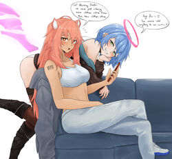  2girls :o animal_ears arknights barcode barcode_tattoo bare_arms bare_shoulders black_footwear blue_hair boots breasts bright_pupils commentary cosplay costume_switch couch crop_top dokonjou_(odossan) english_text gravel_(arknights) gravel_(arknights)_(cosplay) green_eyes grin halo highres leggings long_hair looking_at_viewer medium_breasts midriff multiple_girls navel off_shoulder open_mouth pants pink_eyes pink_hair shoes shoulder_tattoo simple_background smile speech_bubble sports_bra spuria_(arknights) spuria_(arknights)_(cosplay) stomach tattoo white_background white_footwear white_pants white_pupils white_sports_bra 