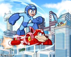  2024 building canid canine capcom city cloud day duo feral flying hi_res humanoid machine male mammal mega_man_(character) mega_man_(series) megaman_(classic) open_mouth open_smile robot rongs1234 rush_(mega_man) signature smile 