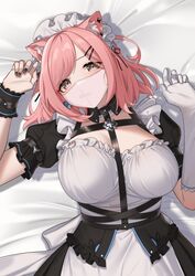  animal_ear_fluff animal_ears arm_belt bed_sheet black_nails black_wristband blush breasts cat_ears commentary dress earrings female fingernails frilled_dress frills gloves grey_eyes hair_ornament hairclip heart heart_earrings highres honkai_(series) honkai_impact_3rd jewelry large_breasts looking_at_viewer maid maid_headdress mask meda medium_hair mouth_mask nail_polish pink_hair pink_mask short_sleeves single_glove solo swept_bangs timido_cute white_dress white_gloves white_headdress wristband 