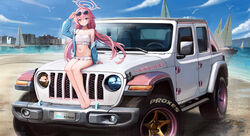  absurdres adjusting_eyewear ahoge barefoot bikini blue_archive blue_eyes boat building car character_name commentary_request commission copyright_name eyewear_on_head feet female frilled_bikini frills halo heterochromia highres hoshino_(blue_archive) hoshino_(swimsuit)_(blue_archive) jeep_(company) jeep_gladiator kcar66t legs long_hair looking_at_viewer motor_vehicle navel official_alternate_costume on_vehicle pickup_truck pink_hair pink_halo pixiv_commission sail sitting solo sports_utility_vehicle steering_wheel sunglasses swimsuit toes truck vehicle_focus watercraft white_bikini yellow_eyes 