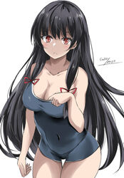  alternate_breast_size artist_name black_hair blue_one-piece_swimsuit breasts commentary_request competition_school_swimsuit cowboy_shot dated female gakky hair_ribbon highres isokaze_(kancolle) kantai_collection long_hair looking_at_viewer one-hour_drawing_challenge one-piece_swimsuit red_eyes ribbon school_swimsuit simple_background small_breasts solo standing swimsuit tress_ribbon twitter_username 