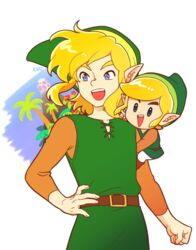  blonde_hair blue_eyes clothing duo elf green_clothing green_hat green_headwear hair hat headgear headwear humanoid humanoid_pointy_ears hylian light_body light_skin link link&#039;s_awakening male nintendo not_furry open_mouth open_smile pointy_hat signature simple_background smile square_crossover the_legend_of_zelda tnp 