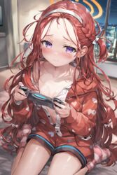  alternate_costume bad_id bad_pixiv_id blue_archive blush closed_mouth collarbone commentary controller female forehead game_controller hairband halo highres holding holding_controller holding_game_controller long_hair long_sleeves looking_at_viewer ni_mochi no_shoes open_clothes open_shirt orange_halo paid_reward_available pajamas pink_socks puffy_long_sleeves puffy_sleeves purple_eyes red_hair red_pajamas red_shirt red_shorts seiza shirt shorts sitting socks solo striped_clothes striped_socks very_long_hair wavy_hair white_hairband yuzu_(blue_archive) 