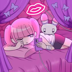  animal bandaged_arm bandages bed bed_sheet black_eyes black_shorts blunt_bangs cellphone curtains ezaki_bisuko female holding holding_phone jitome menhera-chan_(ezaki_bisuko) menhera-chan_(ezaki_bisuko)_(character) official_art one_eye_closed phone pillow pink_hair pink_theme purple_curtains rabbit self-harm_scar shirt short_twintails shorts smartphone solo twintails usatan_(ezaki_bisuko) white_shirt 