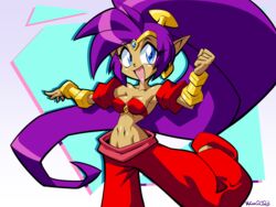  4:3 blue_eyes breasts clothing ear_piercing ear_ring female footwear genie hair hi_res humanoid humanoid_pointy_ears long_hair looking_at_viewer not_furry open_mouth open_smile piercing ponytail purple_hair ring_piercing rongs1234 shantae shantae_(series) signature simple_background smile solo tan_body tan_skin wayforward 