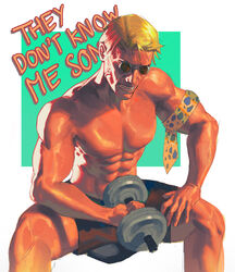  1boy abs animal_print arm_strap backlighting bara biceps black_shorts blonde_hair clenched_teeth deltoids dumbbell elbow_on_thigh english_text exercising feet_out_of_frame fingernails forehead goggles hand_on_own_thigh hieumay highres holding holding_dumbbell jujutsu_kaisen knees leopard_print male_focus muscular muscular_male nanami_kento no_nipples nose parted_hair pectorals round_eyewear short_hair short_shorts shorts sitting solo spread_legs square teeth topless_male two-tone_background veiny_face weightlifting white_background 