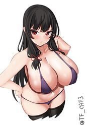  absurdres alternate_breast_size alternate_costume bikini black_hair black_thighhighs blush breasts cowboy_shot female hair_ribbon highres isokaze_(kancolle) kantai_collection large_breasts legs_together long_hair looking_at_viewer one-hour_drawing_challenge purple_bikini red_eyes ribbon simple_background smile solo standing swimsuit tf_cafe thighhighs twitter_username white_background 