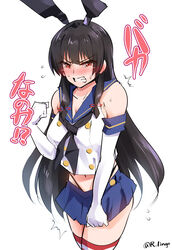  black_hair black_hairband black_neckerchief black_panties blue_sailor_collar blue_skirt breasts clenched_hand clenched_teeth commentary_request cosplay cowboy_shot crop_top elbow_gloves female gloves hair_ribbon hairband highleg highleg_panties highres horizontal-striped_thighhighs isokaze_(kancolle) kantai_collection lingerie_(aki3240) long_hair looking_at_viewer medium_breasts microskirt miniskirt neckerchief one-hour_drawing_challenge panties pleated_skirt red_eyes ribbon sailor_collar shimakaze_(kancolle) shimakaze_(kancolle)_(cosplay) shirt simple_background skirt sleeveless sleeveless_shirt solo striped_clothes striped_thighhighs teeth thighhighs translation_request tress_ribbon underwear white_background white_gloves 