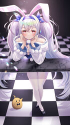  absurdres animal_ears arm_support azur_lane black_footwear blue_bow blue_hairband blue_leotard blush bow breasts checkered_floor cleavage closed_mouth commentary_request fake_animal_ears female grey_hair hair_between_eyes hairband hairbow hands_on_own_cheeks hands_on_own_face highres konparu_uran laffey_(azur_lane) laffey_ii_(azur_lane) laffey_ii_(sleepy_on_a_busy_day)_(azur_lane) leaning_forward leotard long_hair long_sleeves manjuu_(azur_lane) medium_breasts official_alternate_costume pantyhose pink_eyes playboy_bunny rabbit_ears shrug_(clothing) smile solo standing tile_floor tiles very_long_hair white_pantyhose 