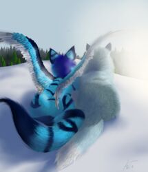  2019 ambiguous_gender animal_ears arati arativulpes blue_body blue_fur blue_hair canid canine digital_media_(artwork) duo feathered_wings feathers feral fexneel_(character) fexneel_denisse fox fur grey_body grey_fur hair hi_res mammal plant rear_view signature snow stripes tail tree wings 